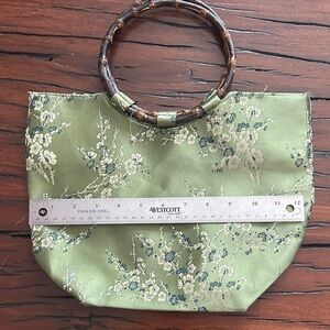 Green Floral Satin Bamboo-Handle Tote Bag